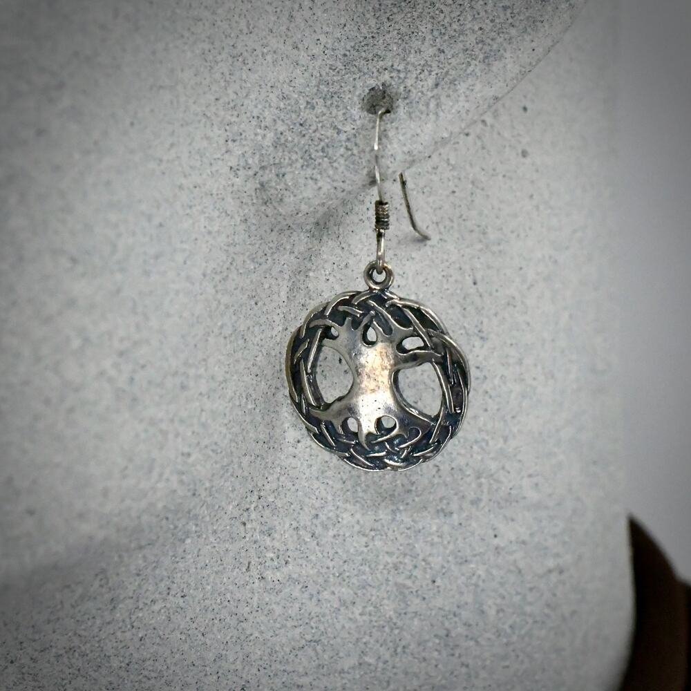 Vintage Artisan Signed JEN 925 Sterling Silver Tree of Life Dangle Earrings